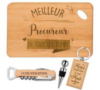 Coffret Planche Apéro Meilleur Procureur de Tous les Temps | Bambou Gravé, Tire-Bouchon, Bouchon à Vin, Porte-Clés | 4 Pièces | Cadeau Collègue Départ Retraite Remerciement