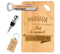Coffret Planche Apéro Meilleur Prof d'Espagnol de Tous les Temps | Bambou Gravé, Tire-Bouchon, Bouchon à Vin, Porte-Clés | 4 Pièces | Cadeau Fin d'Année Scolaire Remerciement