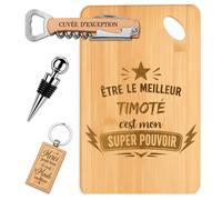 Coffret Planche Apéro Meilleur Timoté Super Pouvoir | Bambou Gravé, Tire-Bouchon, Bouchon à Vin, Porte-Clés | 4 Pièces | Cadeau Anniversaire Fête des Pères Noël