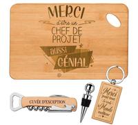 Coffret Planche Apéro Merci Chef de Projet Génial | Bambou Gravé, Tire-Bouchon, Bouchon à Vin, Porte-Clés | 4 Pièces | Cadeau Collègue Départ Retraite Remerciement