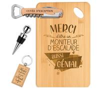 Coffret Planche Apéro Merci Moniteur d'Escalade Génial | Bambou Gravé, Tire-Bouchon, Bouchon à Vin, Porte-Clés | 4 Pièces | Cadeau Collègue Départ Retraite Remerciement