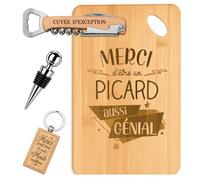 Coffret Planche Apéro Merci Picard Génial | Bambou Gravé, Tire-Bouchon, Bouchon à Vin, Porte-Clés | 4 Pièces | Cadeau Anniversaire Fête des Pères Noël