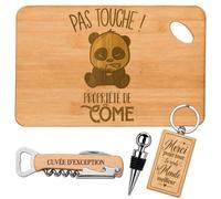 Coffret Planche Apéro Pas Touche Propriété de Côme | Bambou Gravé, Tire-Bouchon, Bouchon à Vin, Porte-Clés | 4 Pièces | Cadeau Anniversaire Fête des Pères Noël
