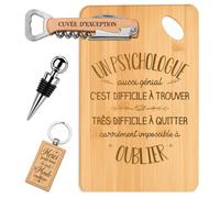 Coffret Planche Apéro Psychologue aussi Génial | Bambou Gravé, Tire-Bouchon, Bouchon à Vin, Porte-Clés | 4 Pièces