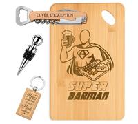 Coffret Planche Apéro Super Barman | Bambou Gravé, Tire-Bouchon, Bouchon à Vin, Porte-Clés | 4 Pièces | Cadeau Collègue Départ Retraite Remerciement
