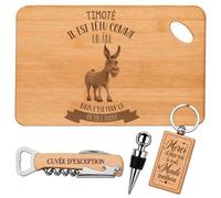 Coffret Planche Apéro Timoté il est têtu comme un âne mais c'est pour ça qu'on l'adore | Bambou Gravé, Tire-Bouchon, Bouchon à Vin, Porte-Clés | 4 Pièces | Cadeau Homme Fête des Pères