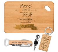 Coffret Planche Apéro Tireur Inoubliable | Bambou Gravé, Tire-Bouchon, Bouchon à Vin, Porte-Clés | 4 Pièces | Cadeau Collègue Départ Retraite Remerciement