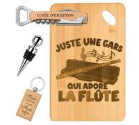 Coffret Planche Apéro Un Gars qui Adore la Flûte | Bambou Gravé, Tire-Bouchon, Bouchon à Vin, Porte-Clés | 4 Pièces | Cadeau Passionné Anniversaire Noël