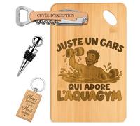 Coffret Planche Apéro Un Gars qui Adore l'Aquagym | Bambou Gravé, Tire-Bouchon, Bouchon à Vin, Porte-Clés | 4 Pièces | Cadeau Passionné Anniversaire Noël