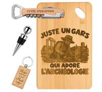 Coffret Planche Apéro Un Gars qui Adore l'Archéologie | Bambou Gravé, Tire-Bouchon, Bouchon à Vin, Porte-Clés | 4 Pièces | Cadeau Passionné Anniversaire Noël