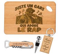Coffret Planche Apéro Un Gars qui Adore le Rap | Bambou Gravé, Tire-Bouchon, Bouchon à Vin, Porte-Clés | 4 Pièces | Cadeau Passionné Anniversaire Noël