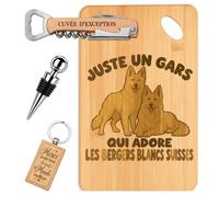 Coffret Planche Apéro Un Gars qui Adore les Bergers Blancs Suisses | Bambou Gravé, Tire-Bouchon, Bouchon à Vin, Porte-Clés | 4 Pièces | Cadeau Passionné Anniversaire Noël