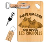 Coffret Planche Apéro Un Gars qui Adore les Ragdolls | Bambou Gravé, Tire-Bouchon, Bouchon à Vin, Porte-Clés | 4 Pièces | Cadeau Passionné Anniversaire Noël