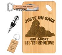 Coffret Planche Apéro Un Gars qui Adore les Terre-Neuve | Bambou Gravé, Tire-Bouchon, Bouchon à Vin, Porte-Clés | 4 Pièces | Cadeau Passionné Anniversaire Noël