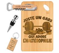 Coffret Planche Apéro Un Gars qui Adore l'Haltérophilie | Bambou Gravé, Tire-Bouchon, Bouchon à Vin, Porte-Clés | 4 Pièces | Cadeau Passionné Anniversaire Noël