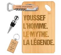Coffret Planche Apéro Youssef Mythe Légende | Bambou Gravé, Tire-Bouchon, Bouchon à Vin, Porte-Clés | 4 Pièces | Cadeau Anniversaire Fête des Pères Noël