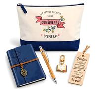 Coffret Pochette Affaires d'une Comédienne d'Enfer | Pochette Coton, Carnet Similicuir, Stylo Bambou, Marque-Page Bois, Porte-Clés Livre | 5 Pièces | Cadeau Collègue Femme Départ Retraite Remerciement