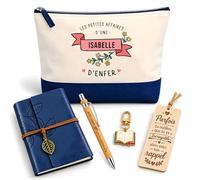 Coffret Pochette Affaires d'une Isabelle d'Enfer | Pochette Coton, Carnet Similicuir, Stylo Bambou, Marque-Page Bois, Porte-Clés Livre | 5 Pièces | Cadeau Femme Anniversaire Fête Noël Original