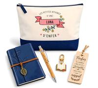 Coffret Pochette Affaires d'une Luna d'Enfer | Pochette Coton, Carnet Similicuir, Stylo Bambou, Marque-Page Bois, Porte-Clés Livre | 5 Pièces | Cadeau Femme Anniversaire Fête Noël Original