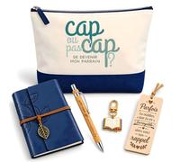 Coffret Pochette Cap de Devenir Mon Parrain | Pochette Coton, Carnet Similicuir, Stylo Bambou, Marque-Page Bois, Porte-Clés Livre | 5 Pièces | Cadeau Baptême Anniversaire Noël