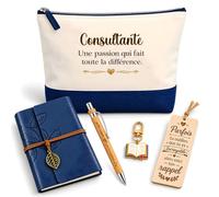 Coffret Pochette Consultante Une Passion | Pochette Coton, Carnet Similicuir, Stylo Bambou, Marque-Page Bois, Porte-Clés Livre | 5 Pièces | Cadeau Collègue Femme Départ Retraite Remerciement