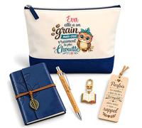 Coffret Pochette Eva la Plus Chouette | Pochette Coton, Carnet Similicuir, Stylo Bambou, Marque-Page Bois, Porte-Clés Livre | 5 Pièces | Cadeau Femme Anniversaire Fête Noël Original