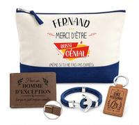 Coffret Pochette Fernand Génial sans Faire Exprès | Pochette Coton 5 L, Portefeuille Gravé, Porte-Clés, Bracelet Ancre | 4 Pièces | Cadeau Homme Anniversaire Fête Noël Original