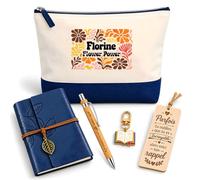 Coffret Pochette Florine Flower Power | Pochette Coton, Carnet Similicuir, Stylo Bambou, Marque-Page Bois, Porte-Clés Livre | 5 Pièces | Cadeau Femme Anniversaire Fête Noël Original