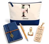 Coffret Pochette Florine Lettre Fleurie | Pochette Coton, Carnet Similicuir, Stylo Bambou, Marque-Page Bois, Porte-Clés Livre | 5 Pièces | Cadeau Femme Anniversaire Fête Noël Original
