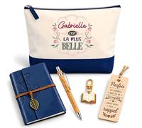 Coffret Pochette Gabrielle la Plus Belle | Pochette Coton, Carnet Similicuir, Stylo Bambou, Marque-Page Bois, Porte-Clés Livre | 5 Pièces | Cadeau Femme Anniversaire Fête Noël Original