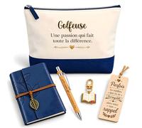 Coffret Pochette Golfeuse Une Passion | Pochette Coton, Carnet Similicuir, Stylo Bambou, Marque-Page Bois, Porte-Clés Livre | 5 Pièces | Cadeau Collègue Femme Départ Retraite Remerciement