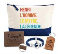 Coffret Pochette Henri Mythe Légende | Pochette Coton 5 L, Portefeuille Gravé, Porte-Clés, Bracelet Ancre | 4 Pièces | Cadeau Homme Anniversaire Fête Noël Original