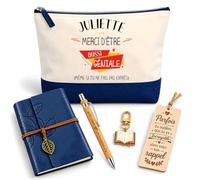 Coffret Pochette Juliette Géniale sans Faire Exprès | Pochette Coton, Carnet Similicuir, Stylo Bambou, Marque-Page Bois, Porte-Clés Livre | 5 Pièces | Cadeau Femme Anniversaire Fête Noël Original