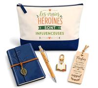 Coffret Pochette Les Vraies Héroïnes Influenceuses | Pochette Coton, Carnet Similicuir, Stylo Bambou, Marque-Page Bois, Porte-Clés Livre | 5 Pièces | Cadeau Collègue Femme Départ Retraite Remerciement