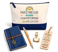 Coffret Pochette Maîtresse Explication | Pochette Coton, Carnet Similicuir, Stylo Bambou, Marque-Page Bois, Porte-Clés Livre | 5 Pièces | Cadeau Fin d'Année École Remerciement