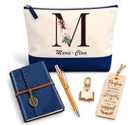Coffret Pochette Marie-Claude Lettre Fleurie | Pochette Coton, Carnet Similicuir, Stylo Bambou, Marque-Page Bois, Porte-Clés Livre | 5 Pièces | Cadeau Femme Anniversaire Fête Noël Original