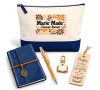 Coffret Pochette Marie-Madeleine Flower Power | Pochette Coton, Carnet Similicuir, Stylo Bambou, Marque-Page Bois, Porte-Clés Livre | 5 Pièces | Cadeau Femme Anniversaire Fête Noël Original
