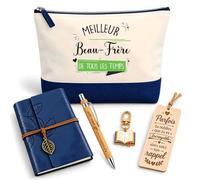 Coffret Pochette Meilleur Beau-Frère de Tous Les Temps | Pochette Coton, Carnet Similicuir, Stylo Bambou, Marque-Page Bois, Porte-Clés Livre | 5 Pièces | Cadeau Anniversaire Noël