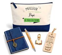 Coffret Pochette Meilleur Papé de Tous Les Temps | Pochette Coton, Carnet Similicuir, Stylo Bambou, Marque-Page Bois, Porte-Clés Livre | 5 Pièces | Cadeau Anniversaire Noël