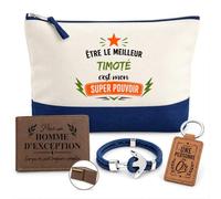Coffret Pochette Meilleur Timoté Super Pouvoir | Pochette Coton 5 L, Portefeuille Gravé, Porte-Clés, Bracelet Ancre | 4 Pièces | Cadeau Homme Anniversaire Fête Noël Original
