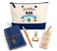 Coffret Pochette Meilleure Alba Univers | Pochette Coton, Carnet Similicuir, Stylo Bambou, Marque-Page Bois, Porte-Clés Livre | 5 Pièces | Cadeau Femme Anniversaire Fête Noël Original