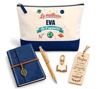 Coffret Pochette Meilleure Eva Univers | Pochette Coton, Carnet Similicuir, Stylo Bambou, Marque-Page Bois, Porte-Clés Livre | 5 Pièces | Cadeau Femme Anniversaire Fête Noël Original