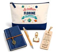 Coffret Pochette Meilleure Florine Univers | Pochette Coton, Carnet Similicuir, Stylo Bambou, Marque-Page Bois, Porte-Clés Livre | 5 Pièces | Cadeau Femme Anniversaire Fête Noël Original