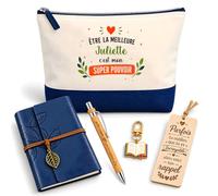 Coffret Pochette Meilleure Juliette Super Pouvoir | Pochette Coton, Carnet Similicuir, Stylo Bambou, Marque-Page Bois, Porte-Clés Livre | 5 Pièces | Cadeau Femme Anniversaire Fête Noël Original