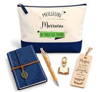 Coffret Pochette Meilleure Marraine de Tous Les Temps | Pochette Coton, Carnet Similicuir, Stylo Bambou, Marque-Page Bois, Porte-Clés Livre | 5 Pièces | Cadeau Anniversaire Noël