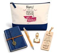 Coffret Pochette Merci Prof de Théâtre Géniale | Pochette Coton, Carnet Similicuir, Stylo Bambou, Marque-Page Bois, Porte-Clés Livre | 5 Pièces | Cadeau Fin d'Année École Remerciement