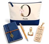 Coffret Pochette Odette Lettre Fleurie | Pochette Coton, Carnet Similicuir, Stylo Bambou, Marque-Page Bois, Porte-Clés Livre | 5 Pièces | Cadeau Femme Anniversaire Fête Noël Original
