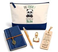 Coffret Pochette Pas Touche Propriété d'Alba | Pochette Coton, Carnet Similicuir, Stylo Bambou, Marque-Page Bois, Porte-Clés Livre | 5 Pièces | Cadeau Femme Anniversaire Fête Noël Original