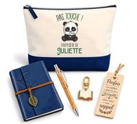 Coffret Pochette Pas Touche Propriété de Juliette | Pochette Coton, Carnet Similicuir, Stylo Bambou, Marque-Page Bois, Porte-Clés Livre | 5 Pièces | Cadeau Femme Anniversaire Fête Noël Original