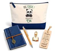 Coffret Pochette Pas Touche Propriété d'Eva | Pochette Coton, Carnet Similicuir, Stylo Bambou, Marque-Page Bois, Porte-Clés Livre | 5 Pièces | Cadeau Femme Anniversaire Fête Noël Original